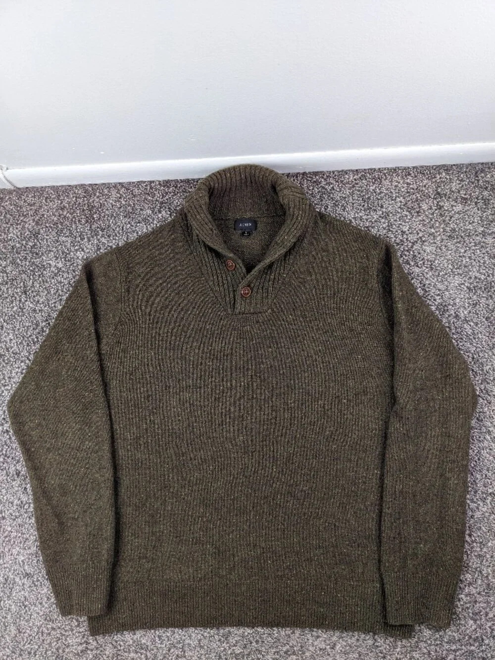 J Crew Sweater Wool Blend Shawl Collar Donegal Flecked Green Mens Large
